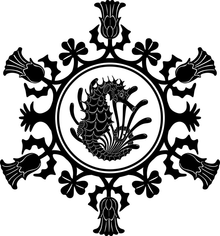 Vector diseño de línea negra de pez caballito de mar con marco floral silueta hecha a mano modelo 53