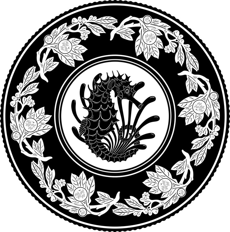 Vector diseño de línea negra de pez caballito de mar con marco floral silueta hecha a mano modelo 82