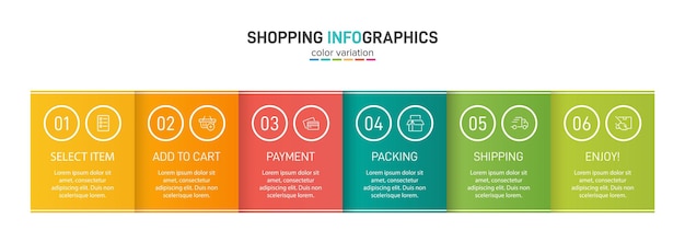 Diseño de línea de tiempo con 6 pasos sucesivos elementos gráficos coloridos del proceso de compra