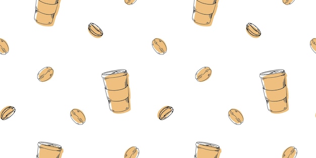 Diseño lineal de café Gráfico abstracto Grano de taza Contorno vectorial Patrón dorado en fondo negro Fondo artístico para cafetería