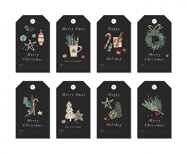 diseño lineal dorado Elementos de saludos de Navidad sobre fondo blanco. Etiquetas de Navidad con tipografía y colorido icono.