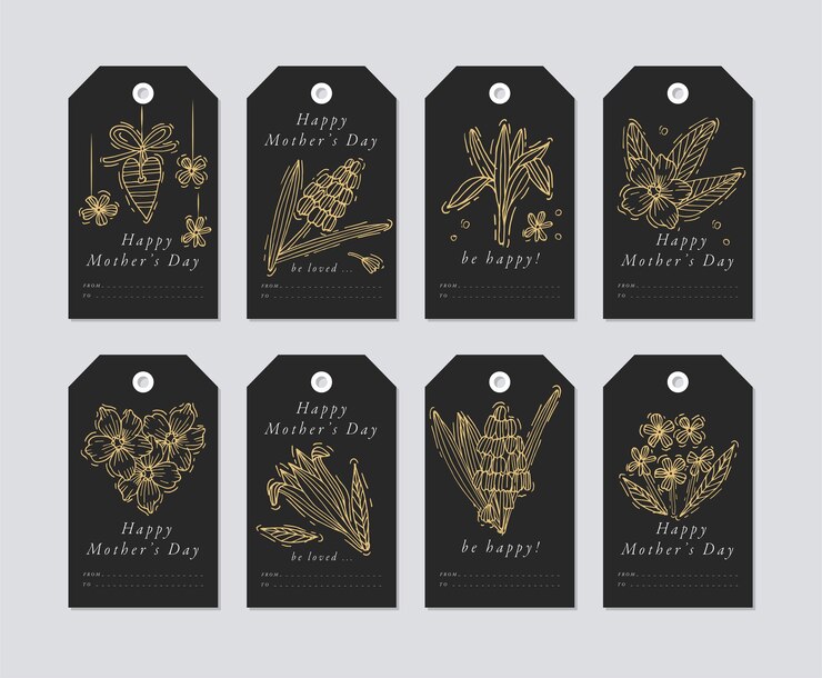 diseño lineal para elementos de saludos del día de la madre sobre fondo oscuro. Etiquetas de vacaciones de primavera con tipografía e icono dorado.