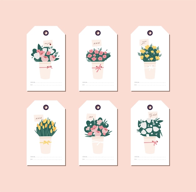 Diseño lineal ramo de flores hermosas sobre fondo blanco. etiquetas de saludo con tipografía y colorido icono.