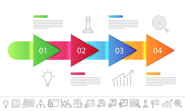 Vector diseño de líneas brillantes de la línea de tiempo con 4 pasos e iconos fijados.