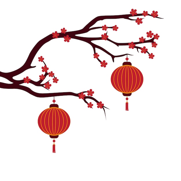 Diseño de linterna china dibujada a mano con ramas y flores.