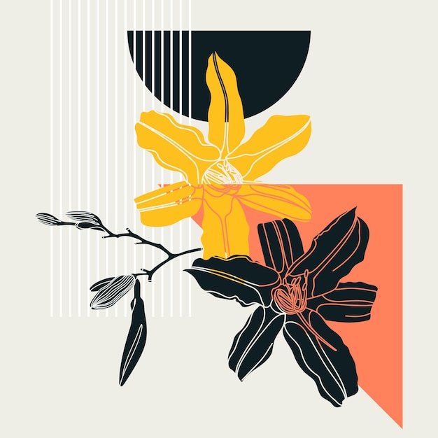 Diseño de lirio estilo collage. Ilustración abstracta de moda con elementos florales y geométricos