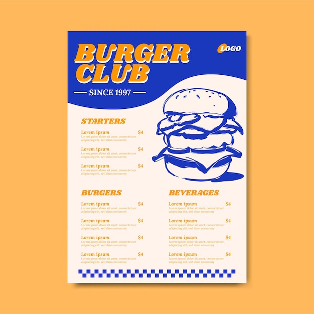 Diseño de la lista de precios del menú de los restaurantes de hamburguesas