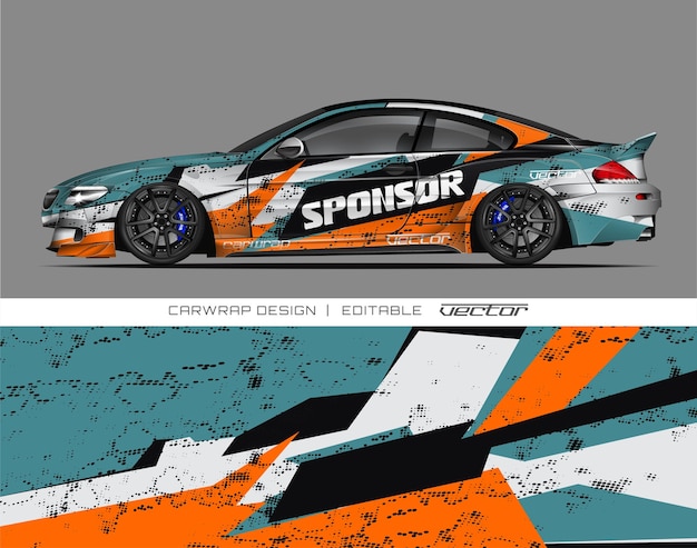 Diseño llamativo y audaz de envoltura de automóvil en colores negro, blanco, naranja y azul