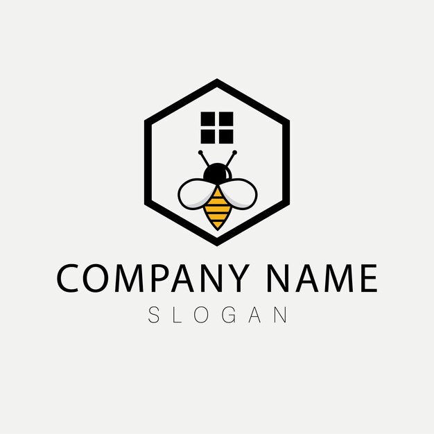 Diseño de logo de abeja y casa. Logo de abeja de miel y vector emblema. Logo elegante para empresa inmobiliaria.