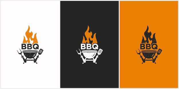 Diseño de logo de barbacoa con dos sepatulas grill fire y espátula