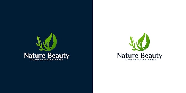 Diseño de logo de cara de mujer y planta natural.