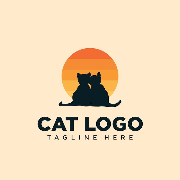 Diseño de logo de dos gatos y puesta de sol