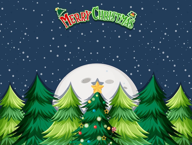 Diseño de logo de feliz navidad con fondo de árbol de navidad