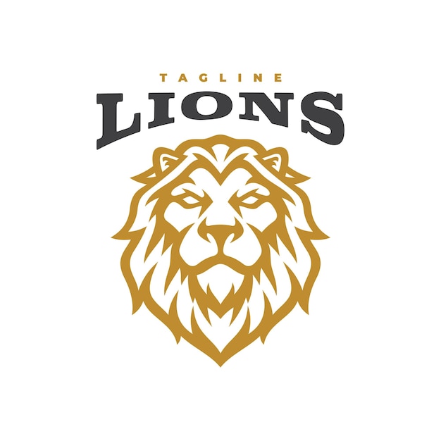 Diseño del logo de la mascota de la cabeza de león. Ilustración de vector de arte de línea de león