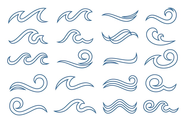 Diseño de logo de ola de agua. Colección de formas de olas. Set de logo de ola marina en ilustración vectorial azul