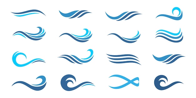 Diseño de logo de ola de agua. Colección de formas de olas. Set de logo de ola marina en ilustración vectorial azul