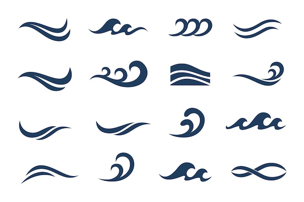 Diseño de logo de ola de agua. Colección de formas de olas. Set de logo de ola marina en ilustración vectorial azul