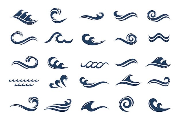 Diseño de logo de ola de agua. Colección de formas de olas. Set de logo de ola marina en ilustración vectorial azul