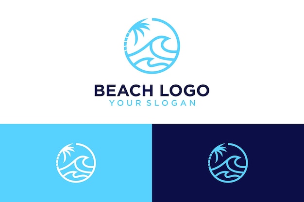 diseño de logo de playa con palmeras y olas
