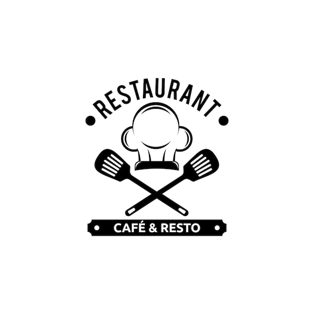 Diseño de logo de restaurante con gorro de chef y espátula.