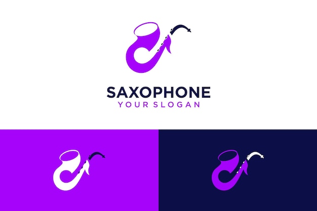 Diseño de logo de saxofón con notas y música