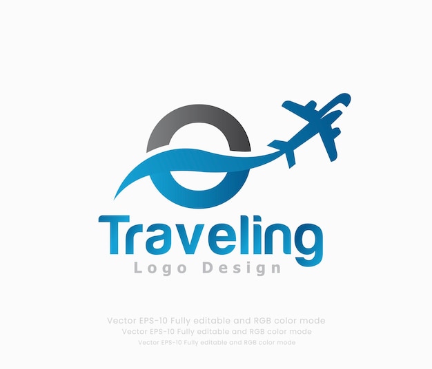 Diseño de logo de viaje con un avión y un símbolo para viajar.