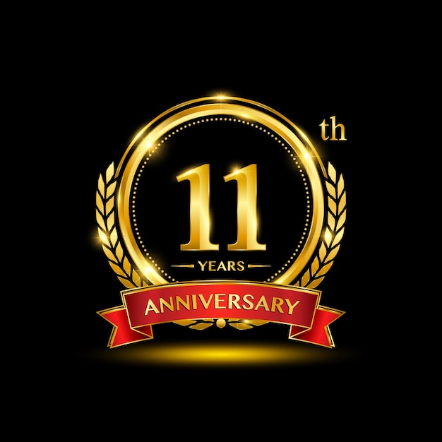 Diseño del logotipo del 11º aniversario con corona de laurel dorada y cinta roja Diseño vectorial de números dorados