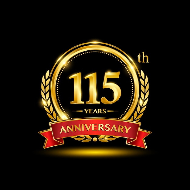 Diseño del logotipo del 115 aniversario con corona de laurel dorada y cinta roja Diseño vectorial de números dorados