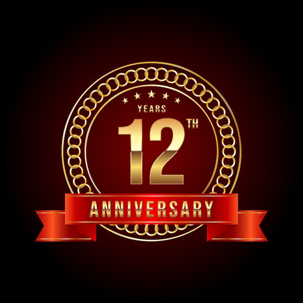 Diseño del logotipo del 12º aniversario con número dorado y cinta roja Ilustración de plantilla de logotipo vectorial