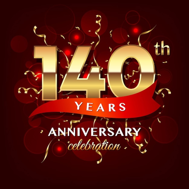 Diseño del logotipo del 140 aniversario con número dorado y plantilla de vector de logotipo de cinta roja