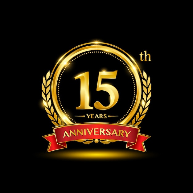 Diseño del logotipo del 15.º aniversario con corona de laurel dorada y cinta roja Diseño vectorial del número dorado