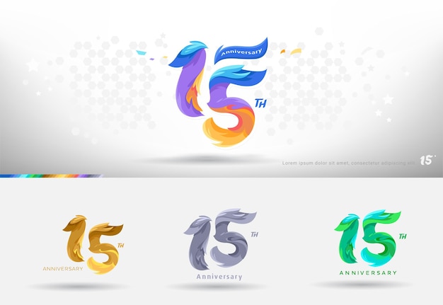 Diseño del logotipo del 15o aniversario Estilo colorido moderno Celebración de números alegres con variación de colores