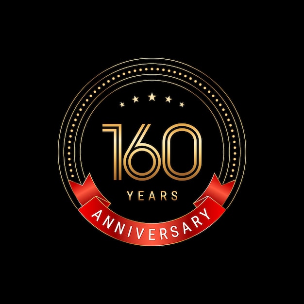 Diseño del logotipo del 160 aniversario con número dorado y plantilla de vector de logotipo de cinta roja