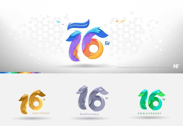 Diseño del logotipo del 16o aniversario Estilo colorido moderno Celebración de números alegres con variación de colores
