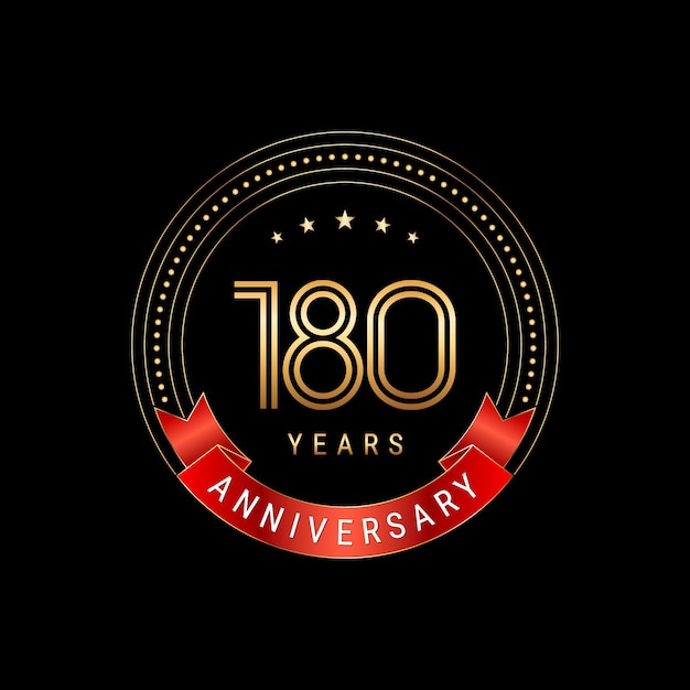 Diseño del logotipo del 180 aniversario con número dorado y plantilla de vector de logotipo de cinta roja