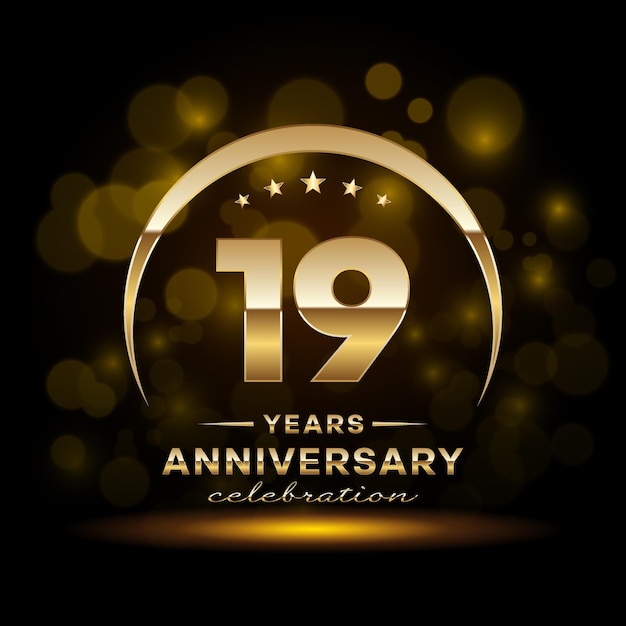 Vector diseño del logotipo del 19º aniversario con color dorado y anillo para el evento de cumpleaños logo vector template
