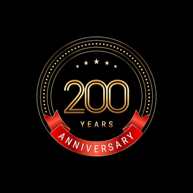 Diseño del logotipo del 200 aniversario con número dorado y plantilla de vector de logotipo de cinta roja