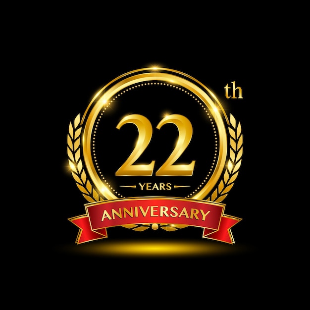 Diseño del logotipo del 22º aniversario con corona de laurel dorada y cinta roja Diseño vectorial de números dorados