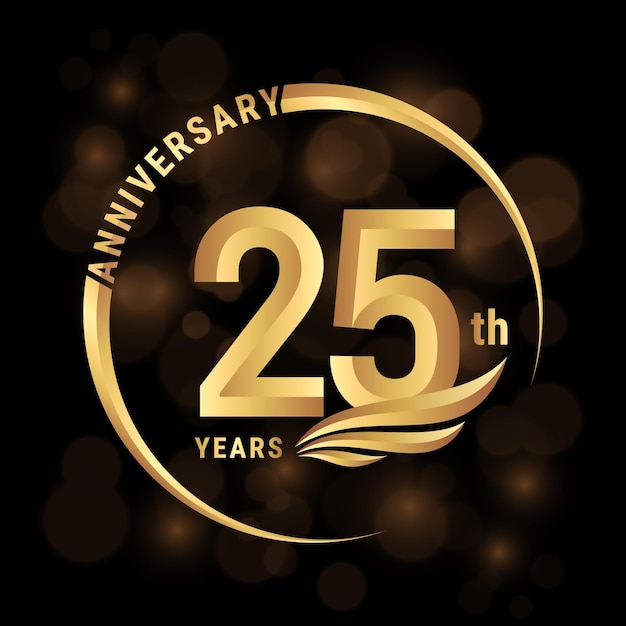 Diseño de logotipo del 25 aniversario con alas doradas y anillo Ilustración de plantilla de vector de logotipo