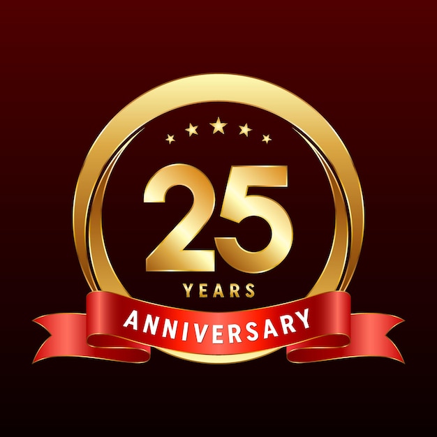 Diseño de logotipo del 25 aniversario con anillo dorado y cinta roja Ilustración de plantilla de vector de logotipo