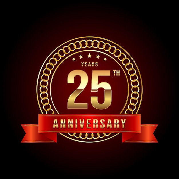 Diseño de logotipo del 25 aniversario con número dorado y cinta roja Ilustración de plantilla de logotipo vectorial
