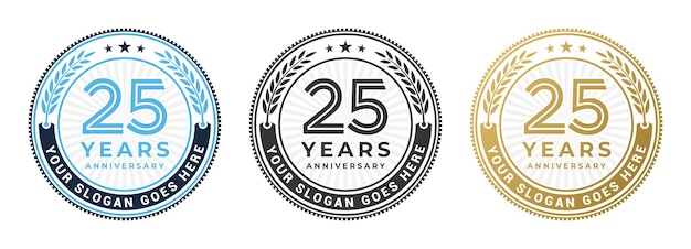 Diseño del logotipo del 25 aniversario Vector de plantilla del emblema aislado en colores dorado negro y azul