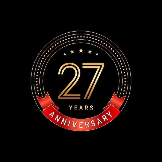 Vector diseño del logotipo del 27º aniversario con número dorado y plantilla de vector de logotipo de cinta roja