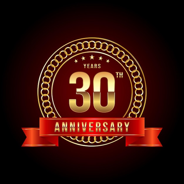 Diseño del logotipo del 30 aniversario con número dorado y cinta roja Ilustración de plantilla de logotipo vectorial