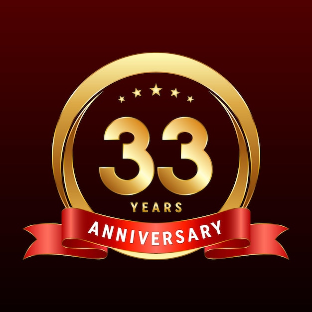 Diseño del logotipo del 33 aniversario con anillo dorado y cinta roja Ilustración de la plantilla vectorial del logotipo