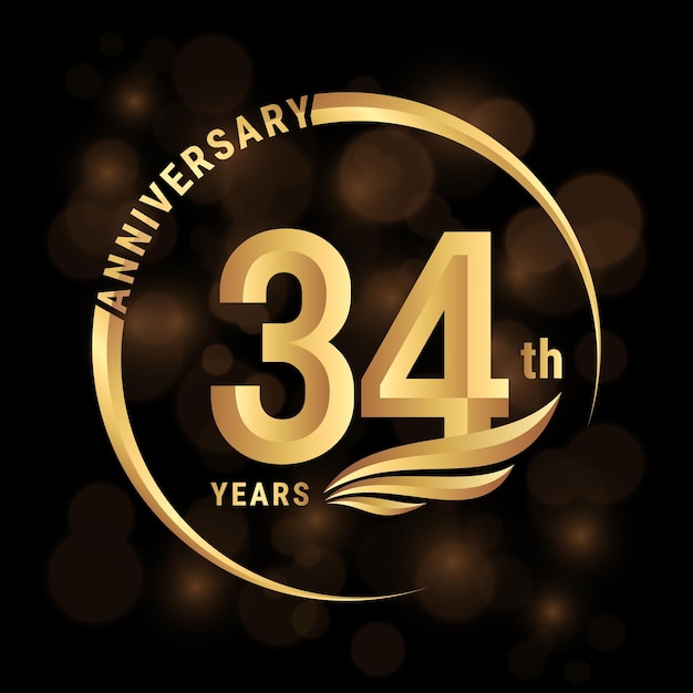 Vector diseño del logotipo del 34 aniversario con alas doradas y anillo logo vector template illustration
