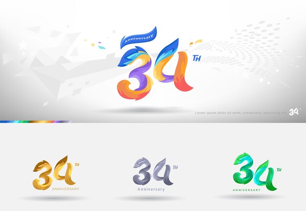 Diseño del logotipo del 34 aniversario Estilo colorido moderno Celebración de números alegres con variación de colores