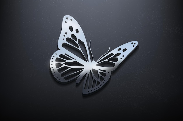 Diseño de logotipo 3D de mariposa, logotipo de maqueta brillante con pared texturizada. Vector realista