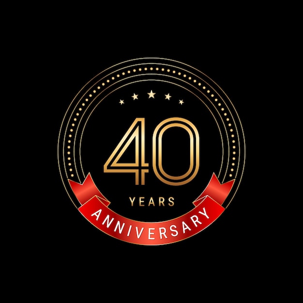 Diseño del logotipo del 40.º aniversario con número dorado y plantilla de vector de logotipo de cinta roja