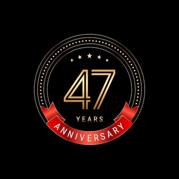 Diseño del logotipo del 47.º aniversario con número dorado y plantilla de vector de logotipo de cinta roja